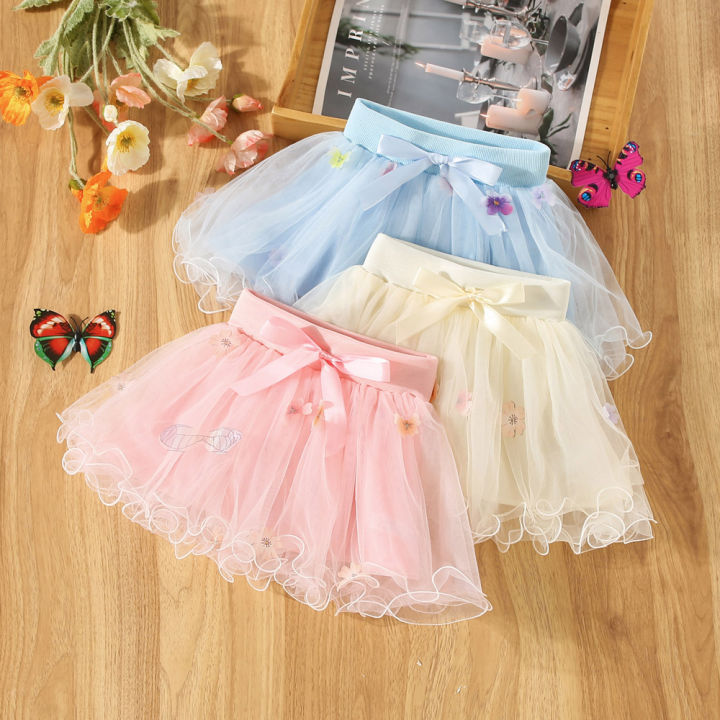 Summer new Baby Girls Skirt Bow Ribbon Mesh Skirt Flower Print Pleated Pommel Skirt Sweet Party Skirt (0-3 years)