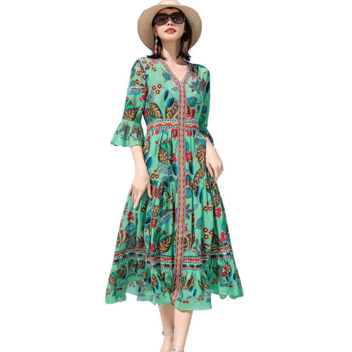 Printed%20Chiffon%20Dress%20All-Matching%20Women%202023%20Summer%20New%20Bell%20Sleeve%20Ethnic%20Style%20Fashion%20High%20Quality%20Large%20Swing%20Skirt%20-%20Image%205