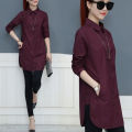 Yfashion Women Cotton Shirt Solid Color Lapel Long Sleeve Slim Fit Top Mid-length Cardigan T-shirt color. 