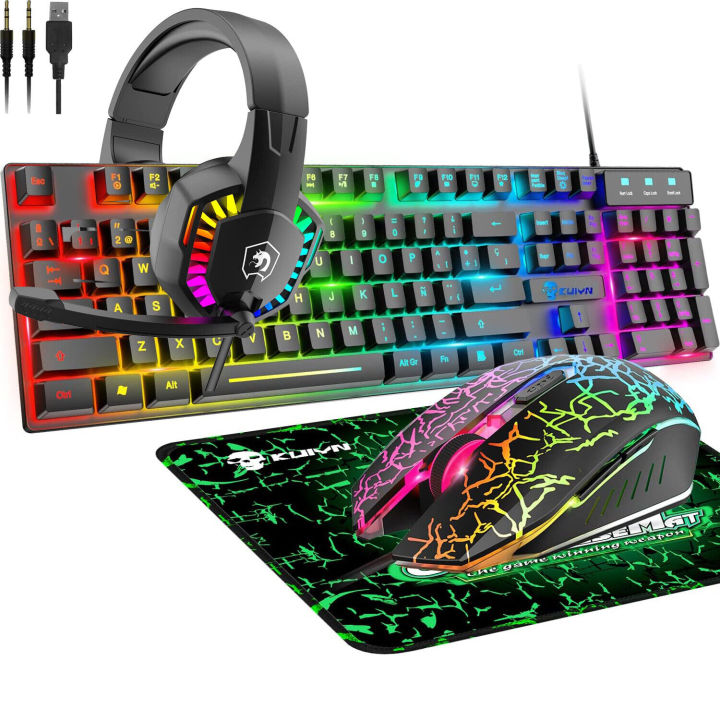 Wired Gaming Rainbow Backlit Keyboard Mouse Headset Mouse Pad Combo for PC,Laptop
