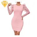 Long Sleeve Women Dress Sheath Dress with Mesh Petal Applique for Office Party Slim Fit Round Neck Long Sleeves High Waist Mini Dress for Women Spring Summer Fashion Women Round Neck Dress. 