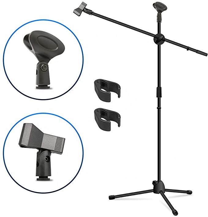 Microphone Stand, Heavy Duty Adjustable Collapsible Tripod Boom Mic Stands with 2 Mic Clip Holders for Performance, Karaoke Singing, Speech, Wedding, Stage and Outdoor Activity - Black