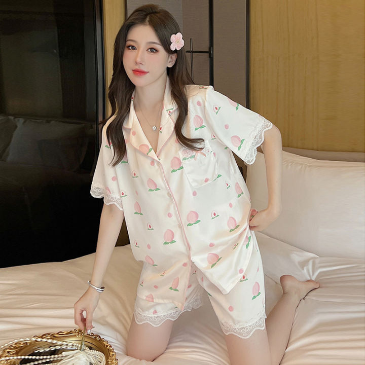 SYT%20Pajamas%20Women's%20Korean-Style%20Full%20Print%20High-End%20Ice%20Silk%20Cute%20Pink%20Peach%20Sweet%20Girl%20Ins%20Student%20Home%20Clothes%20-%20Image%202