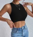 Ribbed Round Neck Casual Sleeveless Crop Tank  Top. 
