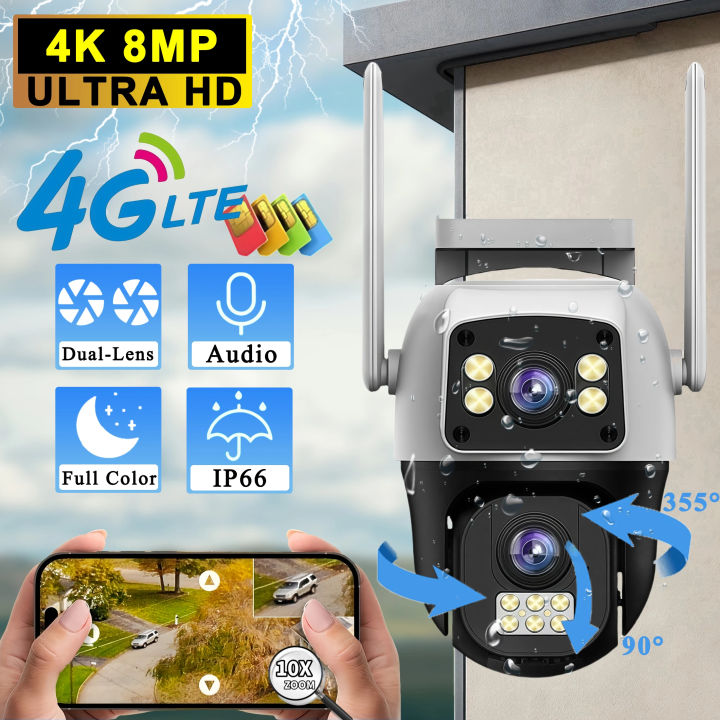 ITECH 4G Camera SIM Card 4K 8MP Dual Lens WIFI IP Camera Outdoor IP66 Waterproof AI Human Track Security Protection V 380