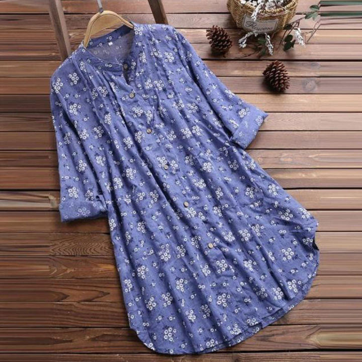 bellylady%20Women%20Cotton%20Long%20Sleeves%20Shirt%20Trendy%20V%20Neck%20Pleated%20Floral%20Printing%20Blouse%20Casual%20Large%20Size%20Cardigan%20Tops%20-%20Image%206