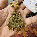Oxidize Gold color 22-inch short chain with Peacock theme antick look big pendent without stone and gold beaded necklace for women and girl. 
