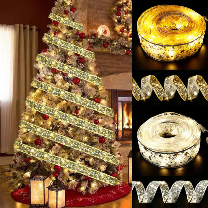 1/2M Double Layer Fairy Lights Strings Christmas Ribbon Bows with LED Christmas Tree Ornaments New Year Home Decor