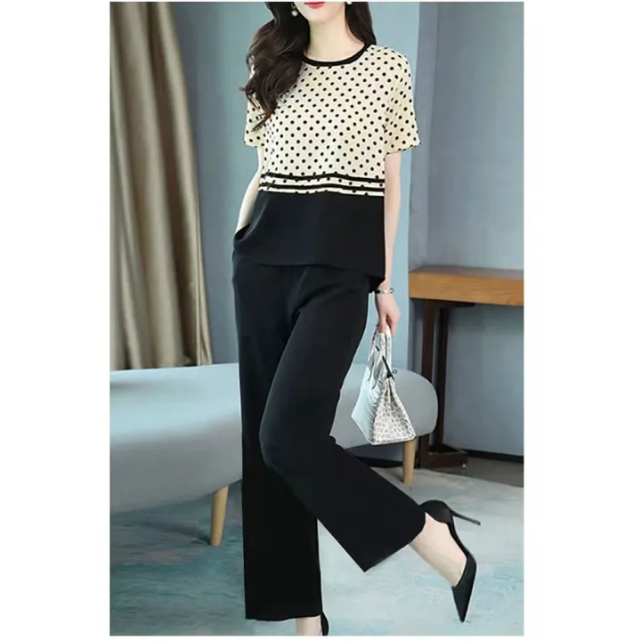 Yfashion%202%20Pcs%20Women%20Outfits%20Polka%20Dot%20Printing%20Stitching%20Short%20Sleeve%20T-shirt%20Long%20Wide%20Leg%20Pants%20Fashion%20Casual%20Sportswear%20Suit%20%5Cu989c%5Cu8272%20-%20Image%206