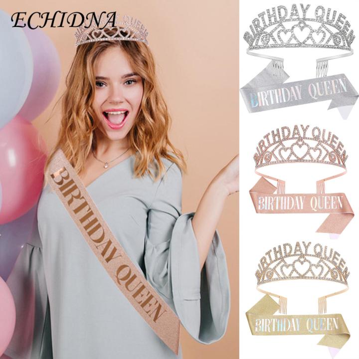 Birthday Tiara Sparkling Birthday Queen Tiara Sash Set Festive Headwear for Women's Party Decor Crown Comb Happy Birthday Sash Perfect for Southeast Asian Buyers Adjustable Birthday Belt