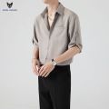 ACHS AWAKE Short-Sleeved Shirt Men's Spring and Summer Ruoshuai High-Grade Korean Style Trendy Casual Ice Silk 3/4 Sleeve Shirt. 