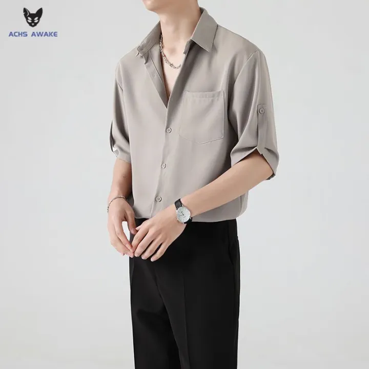 ACHS%20AWAKE%20Short-Sleeved%20Shirt%20Men's%20Spring%20and%20Summer%20Ruoshuai%20High-Grade%20Korean%20Style%20Trendy%20Casual%20Ice%20Silk%203/4%20Sleeve%20Shirt%20-%20Image%202