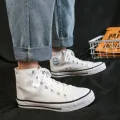 Canvas Shoes Men's High-Top Student Korean Fashion Shoes Versatile Japanese White Shoes Fashion Cloth Shoes Couple Shoes Men's Board Shoes. 