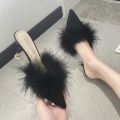 Fluffy Slippers Women33Summer Outerwear2023New Korean Style All-Match Pointed Toe Stiletto Heel Fashion Closed Toe Sandals. 