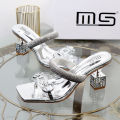 Good-looking Gold Slippers 2024 Summer New Fashionable Chunky Heel Profiled Heel Metal High-Heeled Outdoor Sandals. 