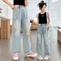 Girls' Ripped Jeans 2024 Summer New Internet Celebrity Girls' Retro Loose Thin Children's Narrow Wide-Leg Pants. 