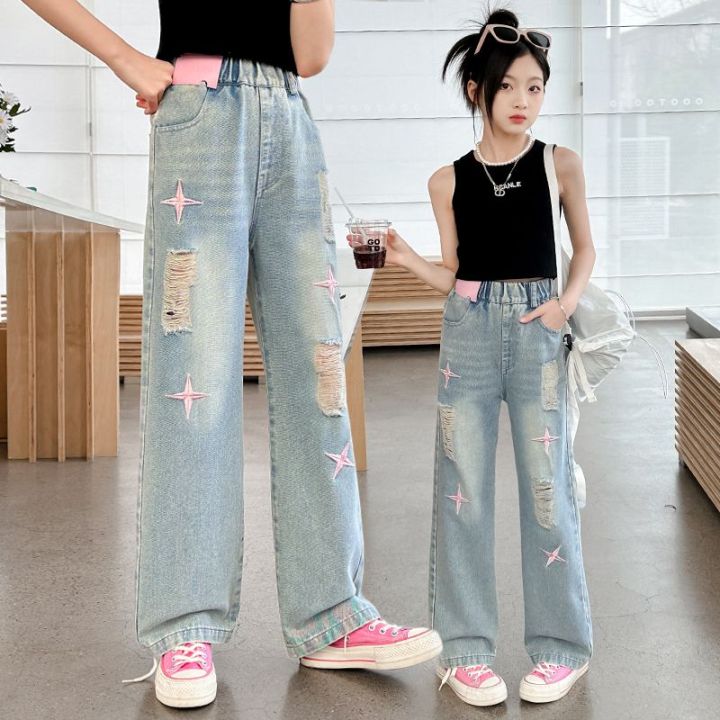 Girls'%20Ripped%20Jeans%202024%20Summer%20New%20Internet%20Celebrity%20Girls'%20Retro%20Loose%20Thin%20Children's%20Narrow%20Wide-Leg%20Pants%20-%20Image%202