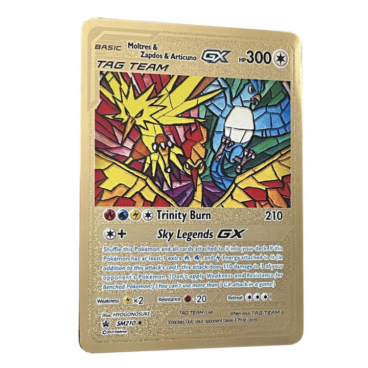 【Hot demand】【Hot demand】Moltres Zapdos Articuno GX TAG TEAM Golden Pokemon Cards in English Iron Metal Pokmo Letters Game Collection Cards Rainbow