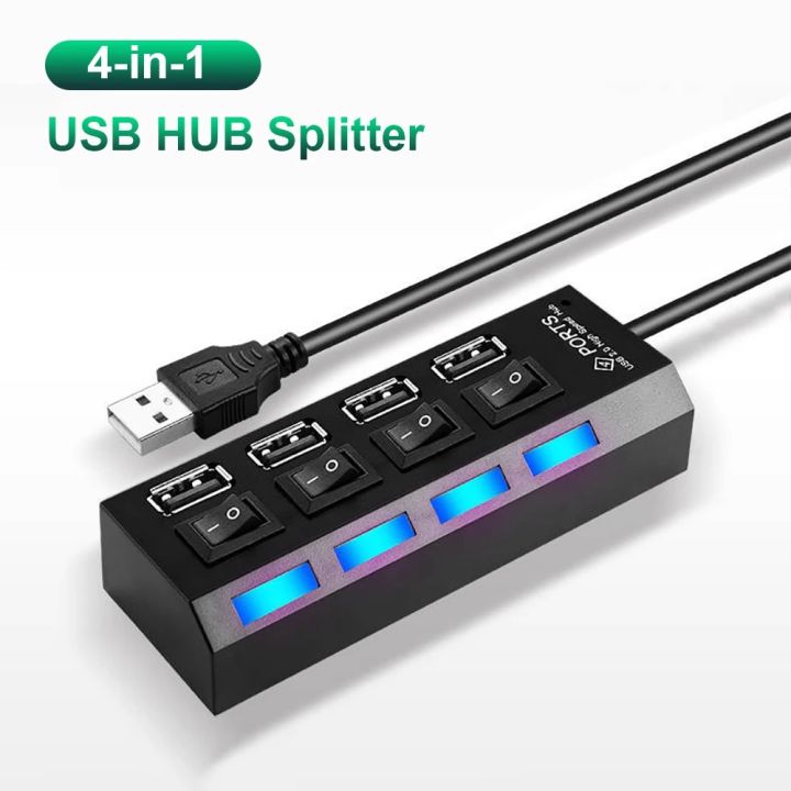 4 Port USB 2.0 Hub, USB A Port Data Hub with Independent On/Off Switch ...