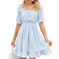 Yfashion 100% Polyester Summer New Solid Color Square Neck Short Sleeve Loose Open Back Tie Dress. 