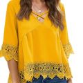 Ladies Yellow Lace Blouse Women's Floral Print Long Sleeve Button up Shirt. 