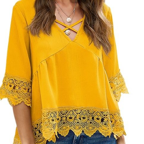 Ladies%20Yellow%20Lace%20Blouse%20Women's%20Floral%20Print%20Long%20Sleeve%20Button%20up%20Shirt%20-%20Image%202