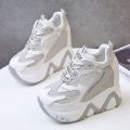 【BestGO】Girl 12.5cm/4.9 Height Chunky Sneakers Thick Bottom High Heels Breathable Mesh Wedge Shoes Woman Fashion Women ShoesDaddy shoes new all-match color matching thick-soled platform white shoes. 