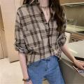 RD Spring Lady Long Sleeve Irregular Plaid Blouse Stylish Lapel Loose Causal Shirt. 