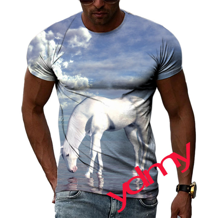 Tide%20Fashion%20Summe%20White%20Horse%20Picture%20Men's%20T-shirt%20Casual%20Print%20Tees%20Hip%20Hop%20Personality%20Round%20Neck%20Short%20Sleev%20Tops%20-%20Image%205