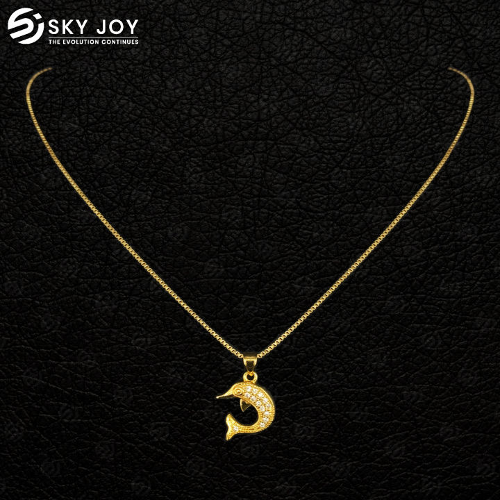 Gold Plated Box Chain & Dolphin White Stone Pendant 18 inch Stylish Necklace Design For Women Free Gift Box SJ-WCP