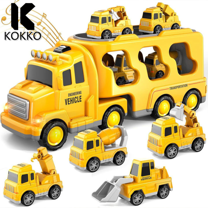 KOKKO Fire Truck Toy For Kids Engineering Car Model With Lights Music Storage Transport Vehicle For Boys Birthday Christmas Gifts