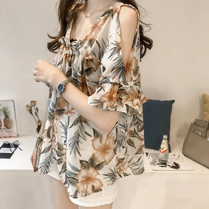 Women%20Printed%20Off%20Shoulder%20V-Neck%20ffon%20Loose%20Blouse%20Vintage%20Sweet%20Pagoda%20Sleeve%20ops%20-%20Image%207
