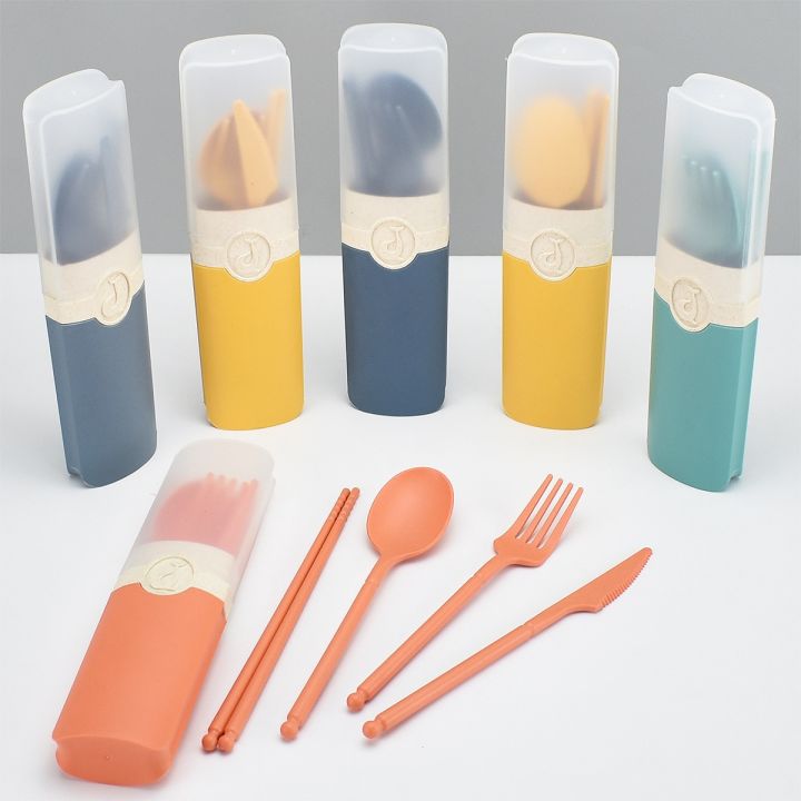 【HOT】 Portable Reusable Spoon Fork Travel Picnic Chopsticks Wheat Straw Tableware Cutlery Set With Carrying Box For Student Office