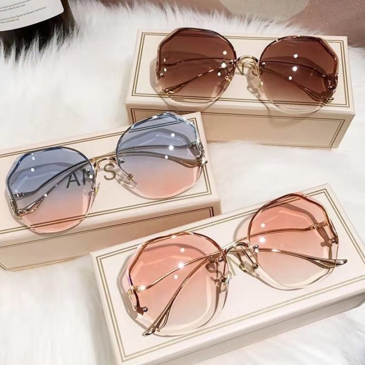 Women's Rimless Cut Edge Sunglasses with UV Protection Retro Polygon Frameless Trim Sunglasses for Women - Gradient Color Glasses