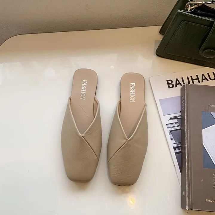 【ZOSR】TOP☆ Large Size Baotou Half Slippers Women 41-43 Fat Feet Wide 42 Korean Version All-Match Lazy Square Toe Flat Muller Shoes 40 CSKY