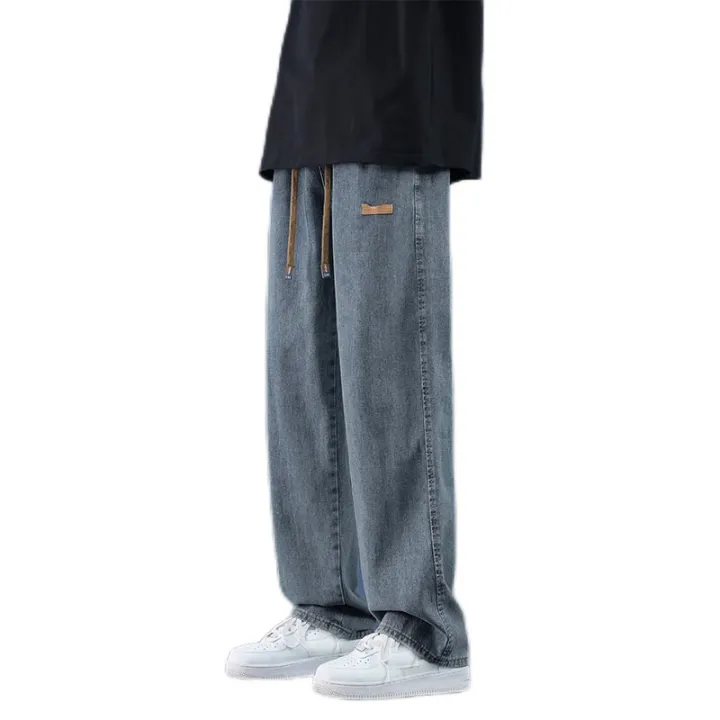 Spring%20Autumn%20Men's%20High%20Waisted%20Solid%20Distressed%20Gradient%20Bandage%20Drawstring%20Patch%20Loose%20Wide%20Leg%20Casual%20Jeans%20Trousers%20Pants%20-%20Image%209