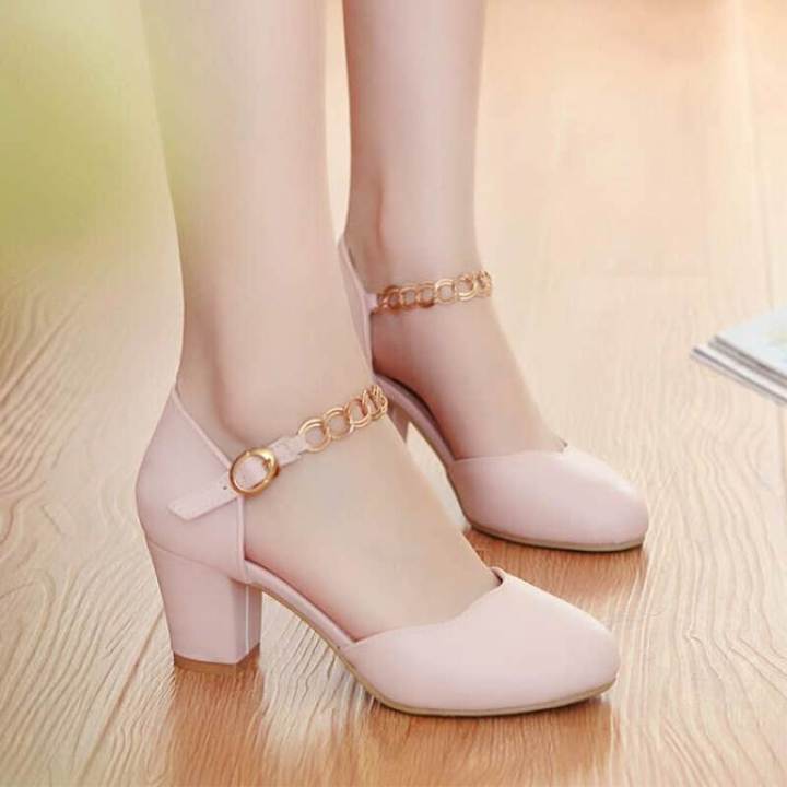2023Summer New All-Matching Chunky Heel Sandals Women's Buckle High Heels  round Toe Mid Heel Closed Toe Women's Shoes Pink | Daraz.lk