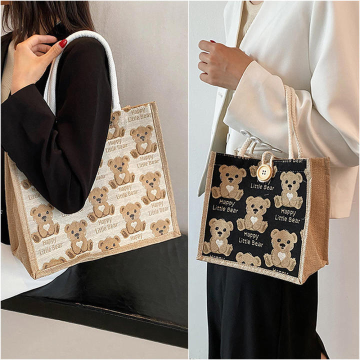 Stylish%20Tote%20Bags%20Large-capacity%20Handbag%20Handbags%20For%20Women%20Shoulder%20Bag%20Bear%20Canvas%20Bag%20Cotton%20Linen%20Tote%20Bag%20Shopping%20Bag%20-%20Image%202