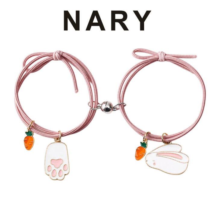 1 Pair Couple Bracelets Magnet Stone Cute Animal Knotted Adjustable Elastic Rope Decorative Valentines Day Gift Time Rabbit Pendant Lover Bracelets Rubber Bands for Student