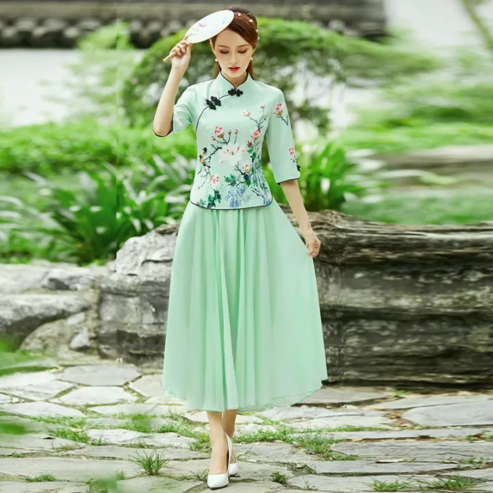 Spring%20and%20Summer%20New%20Slim%20Fit%20Republic%20of%20China%20Style%20Retro%20Girl%20Half%20Sleeve%20Top%20Style%20Chinese%20Dress%20Cheongsam%20Two-Piece%20Suit%20Tea%20Clothes%20-%20Image%205