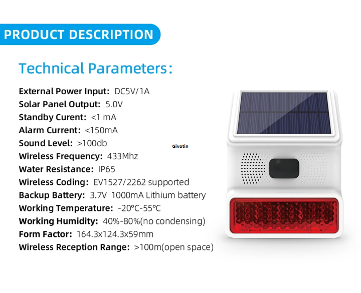 PE-523 PGST Wireless light Flash Outdoor Solar Waterproof Siren for Security Alarm System (Code : 3570)