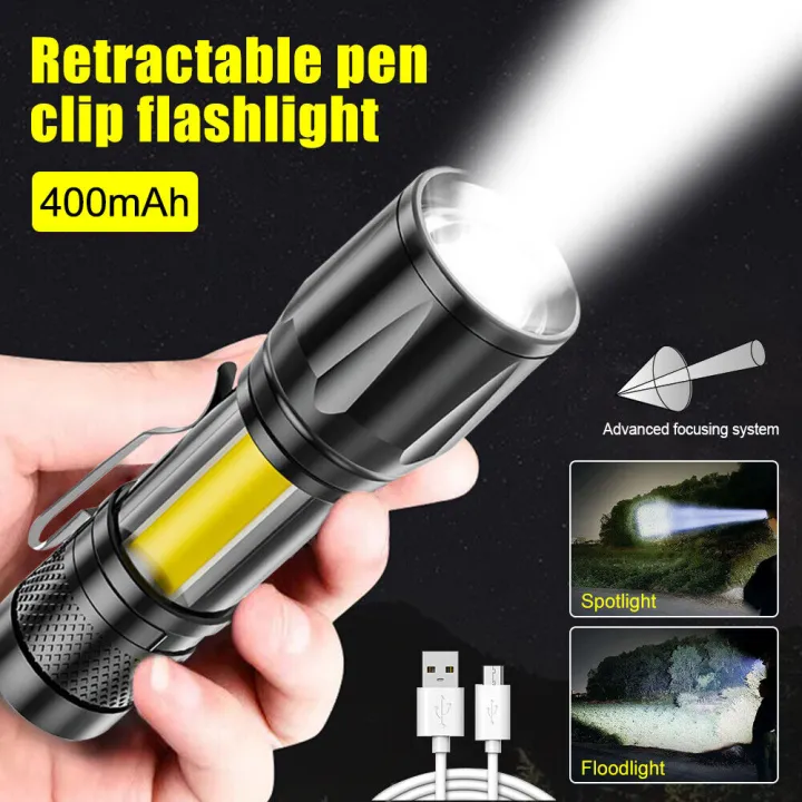 Mini Flashlight COB LED Torch Light Tactical Rechargeable Light Bright Super Lamp USB Zoomable Battery UV Zoom Handheld With Build-in Battery Outdoor Plastic & Metal