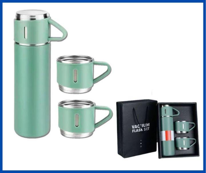 Green Vacuum Flask Set, 3 in 1 Vacuum Insulated Thermo Flasks 500ml with 3 cups Gift Set (in Gift Box)
