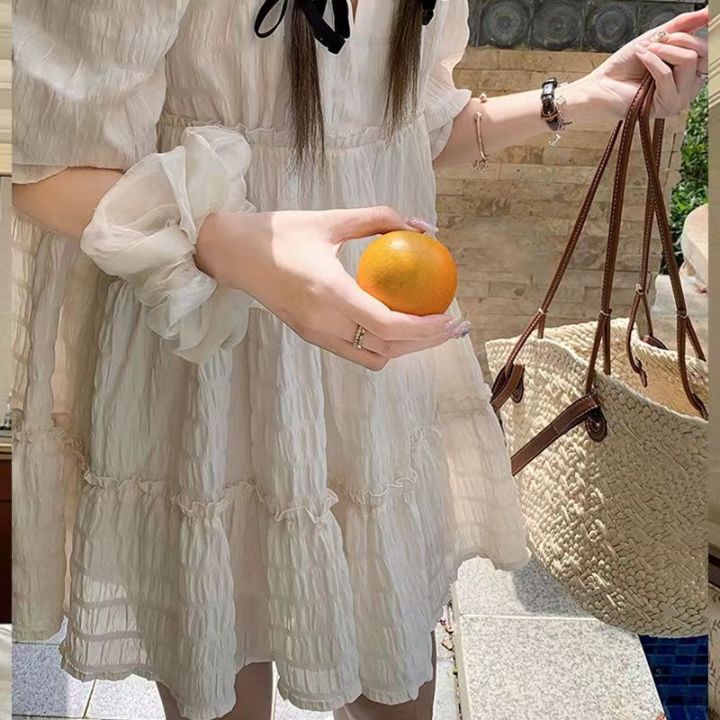 Puff Sleeve Dress Women's Texture2023Summer New Korean Style Sweet and Fresh Petite Short Dress Cake Dress