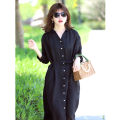 Foreign Trade Export New Linen Dress Black Full Cardigan Shirt plus Size Skirt Three-Quarter Sleeve Cotton and Linen Mid-Length. 