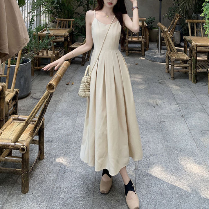 Korean High Waist Pleated Long Dress Ladies Summer Casual Sleeveless Holiday Beach Vestidos Elegant Spaghetti Strap Maxi Dresses
