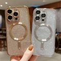 Luxury electroplate MagSafe wireless charge phone case for iPhone 15 13 14 12 11 pro Max Plus soft bumper Glitter back cover. 