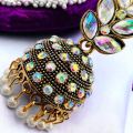ESH Light gold Indian Vintage Bollywood dangle drop jhumka jimikki earring Trendy Leaf Design Pearl Drop & Multi Stone-Studded earring for women and girl. 