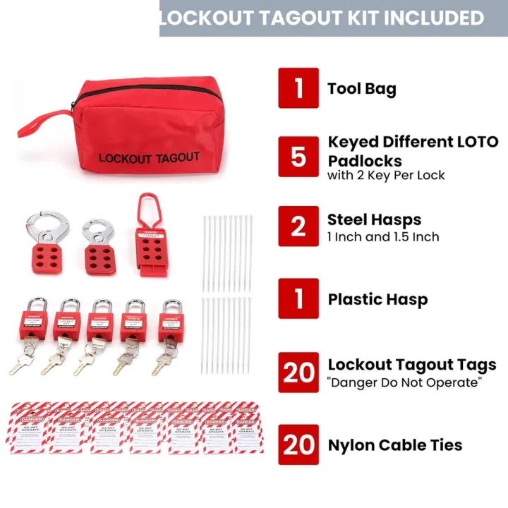 Lockout Tagout Kit with Padlocks, Hasps, Zip Ties, Tags& Storage Bag ...