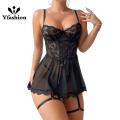 Yfashion 2 Piece Women Lingerie Lace Babydoll Lingerie Sets With Garter Belts V Neck Chemise Nightdress With Thong. 